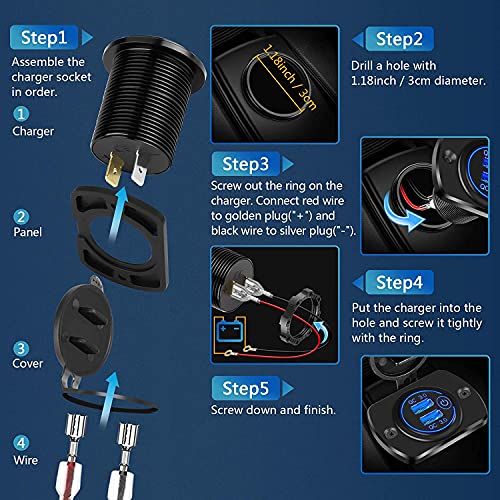 [2 Pack] 12V/24V USB Outlet with Three Extra Panels, Quick Charge 3.0 Dual USB Power Outlet with Touch Switch, Waterproof 12V/24V Fast Charge USB Charger Socket DIY Kit for Car Boat Marine, etc