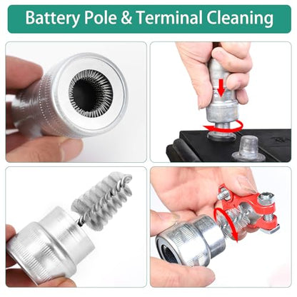 Battery Terminal Cleaner Kit, Battery Terminal Brush & 4 in 1 Copper Tubing Brush & 2pcs Anti-Corrosion Fiber Washers - color: Silver & Red -6pcs Set