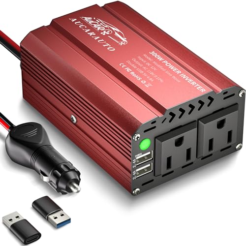 300W Power Inverter for Vehicles DC 12V to 110V AC Car Plug Adapter Outlet Converter with 4.8A Dual USB & USB-C Car Charger Adapter for Laptop - Red - color: Red, size: 300W
