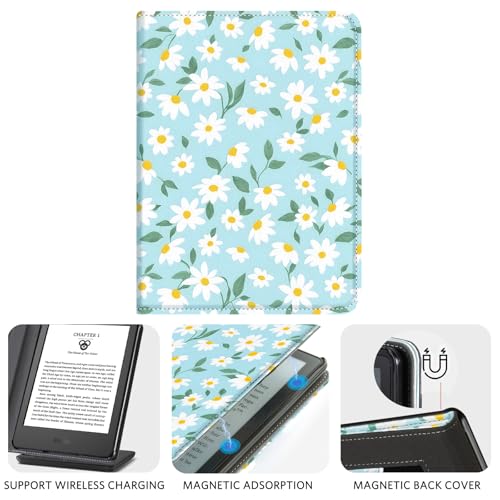 CoBak Case for 6" E-Reader - PU Leather Smart Cover with Auto Sleep/Wake & Hand Strap, not Compatible with Kobo Clara,Blue Daisy - color: Blue Daisy