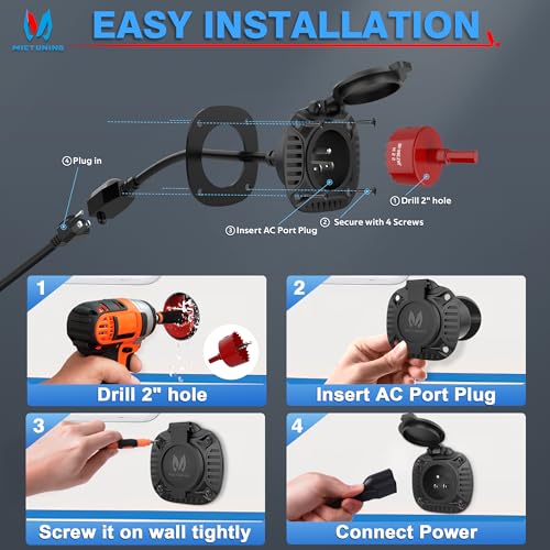 MICTUNING AC Port Plug with Heavy Duty Integrated 20 Inch Extension Cord and Water Resistant Spring Loaded Cover, Black - size: 20Inch Spring-loaded Cover