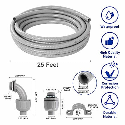 (1/2" Dia * 25 Feet) Yariwiz Flexible Electrical Conduit Liquid Tight PVC Conduit Kit with 3 PCS Coupling, 3 PCS Elbow and 7 PCS Strap, Sealtight Seal Flex Liquidtight Wire Outdoor Non Metallic Grey - style: 1/2"-25ft Kit-Grey