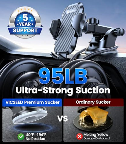 VICSEED 2026 Ultimate Sturdy Car Phone Holder [Upgraded 95+LBS Strongest Suction] Universal Long Arm Cellphone Mount for Car Dashboard Windshield Vent Truck Boat for iPhone 17 16 Pro Max & Android - color: Classic Black