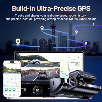 4K Dash Cam Front and Rear, Car Dash Camera with Built-in GPS, 5GHz WiFi, Night Vision, G-Sensor, 64GB SD Card, Loop Recording, 3.59 Inch Screen, 170° Wide Angle, Parking Monitor