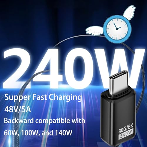 240W 80Gbps USB C Adapter, Thunderbolt 5 USB C Adapter, Type C Male to Female Extender 8K@60Hz, 120Gbps Video Bandwidth, for Phone 15/16, VR,TV,Laptop, Carplay-2Pack (Straight)
