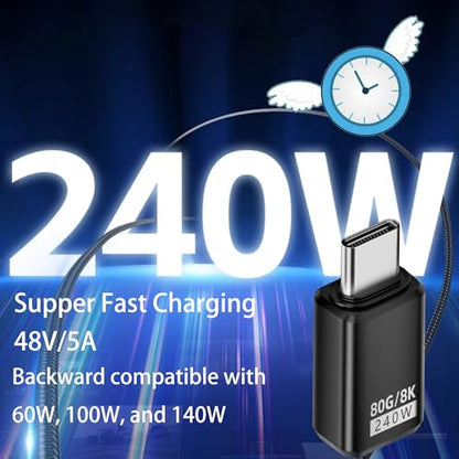 240W 80Gbps USB C Adapter, Thunderbolt 5 USB C Adapter, Type C Male to Female Extender 8K@60Hz, 120Gbps Video Bandwidth, for Phone 15/16, VR,TV,Laptop, Carplay-2Pack (Straight)