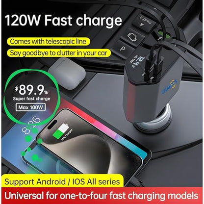 Retractable Car Charger, 4-in-1 Fast Charging USB C & USB A Port, 60W PD Car Phone Charger Adapter, Multi Cigarette Lighter Charger Cable for iPhone 17/14/13, Samsung Galaxy, Android Devices