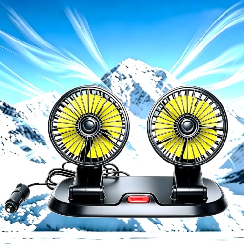 12V Dual Head Car Cooling Fan, Brushless Motor, 2 Speed, 360° Rotation, Dashboard Mount, Cigarette Lighter Powered, for Cars, SUVs, Trucks, RVs & Vans - color: 12V