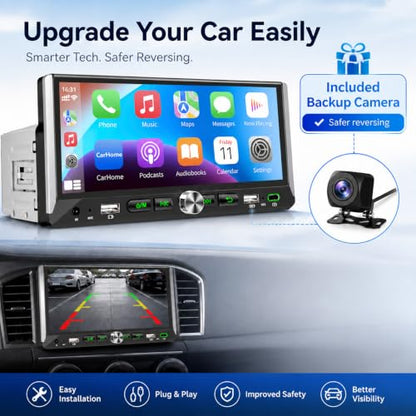 Single Din Car Stereo with Wireless Apple Carplay Android Auto 6.9'' Touchscreen 50W x 4 Output Car Radio bluetoothBackup Camera Mirror Link Navigation USB Type-C Fast Charging FM/AM EQ SWC