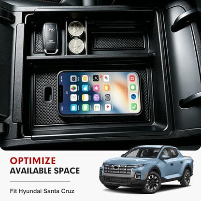 Autorder Center Console Organizer for 2022-2026 Hyundai Santa Cruz Accessories Car Armrest Storage Box Middle Console Tray Container with Black & Red Non-Slip Silicone Mats - size: 2022-2026 Hyundai Santa Cruz