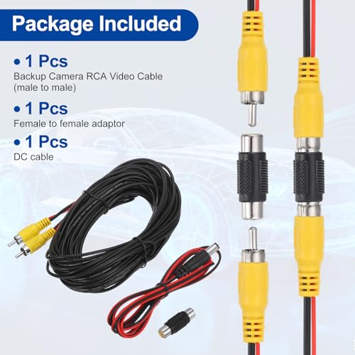 MECCANIXITY Backup Camera RCA Video Cable, 15m/49.2ft RCA Car Rear Reverse Camera Video Extension Cable & Detection Wire for Truck Bus SUV, Male to Male, with Female to Female Coupler, DC Wire - size: 15m/49.2ft
