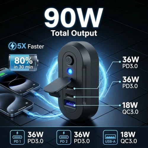 90W 12V RV USB Outlet 3 Port Wall Mount Quick Car Charger Waterproof - color: Black, size: 1P