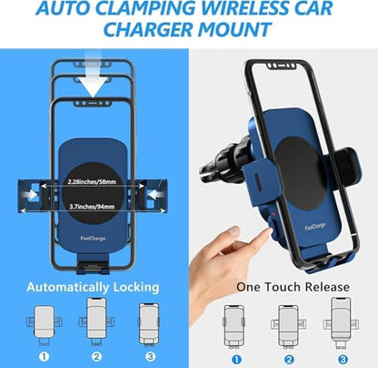 Wireless Car Charger, Fast Charging 15W Auto Clamping Car Charger Phone Holder Phone Mount for iPhone17 16 15 14 13 12 11 Pro Max Xs, Samsung Galaxy S24 Ultra S23 S22 S21 S20 S10+ Note 9, etc - color: Blue
