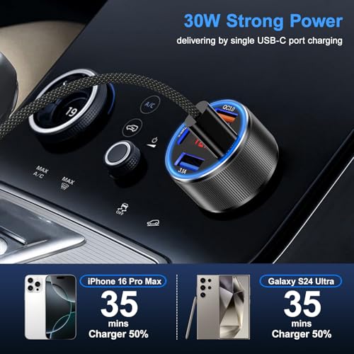 Car Charger for iPhone 17 16 15 Pro Max, Besgoods 4-Port Cigarette Lighter Adapter USB C & USB A Car Phone Charger Fast Charging Voltmeter for Galaxy S25 S24 S23 A15 A54 Android, 6ft USB C to C Cable - color: black charger+black cable