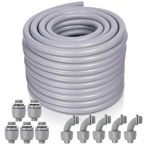 Liquid-Tight Conduit and Connector Kit - 3/4 Inch 75 FT Non Metallic Liquid Tight Electrical Conduit with 5 Straight and 5 Angle Fittings - size: 3/4inch 75 Ft