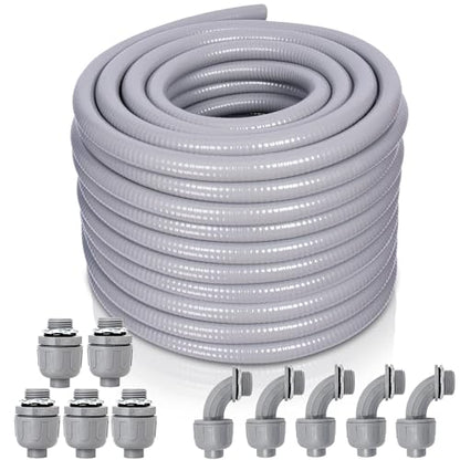 Liquid-Tight Conduit and Connector Kit - 3/4 Inch 75 FT Non Metallic Liquid Tight Electrical Conduit with 5 Straight and 5 Angle Fittings - size: 3/4inch 75 Ft