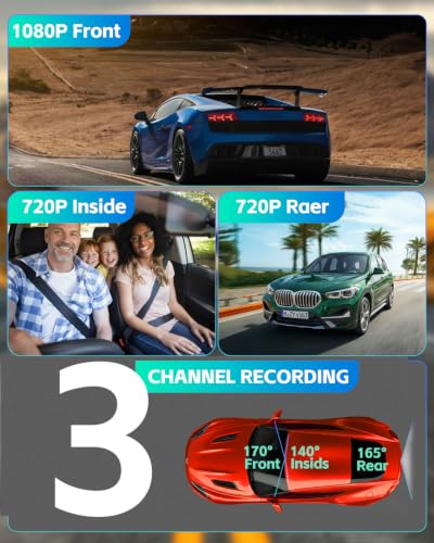 Dash Cam Front Rear and Inside, 3 Channel Dash Camera for Cars W/ 64GB Card - size: X25 3 Channel Dash Cam
