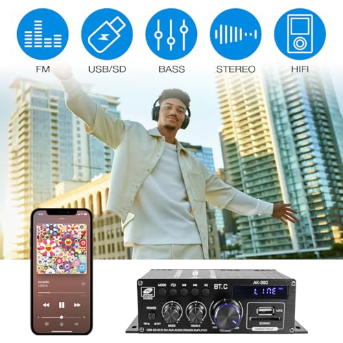 Hosyond Bluetooth 5.0 Audio Amplifier 400W+400W 2.0 CH AMP HiFi Stereo Treble Bass Audio Receiver for Passive Speakers Theater System AK-380