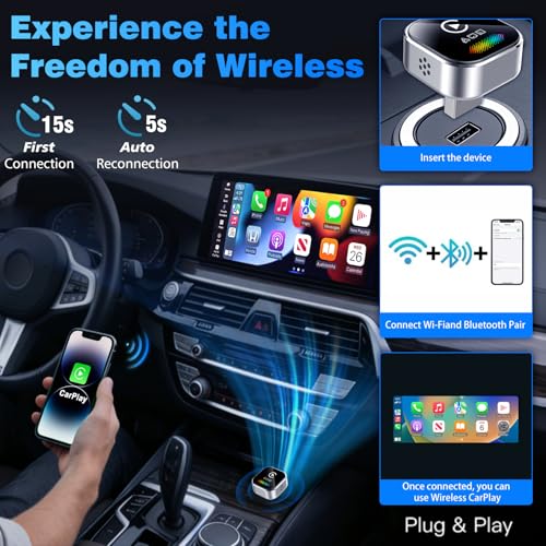 Wireless CarPlay Adapter for iPhone – 2027 4-in-1 Dongle with AirPlay & Screen Mirroring, Low Latency, 5-Second Auto Connect for Wired Cars, Includes USB A/C（Silvery）