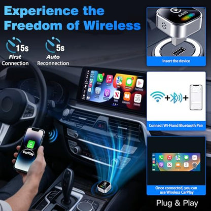 Wireless CarPlay Adapter for iPhone – 2027 4-in-1 Dongle with AirPlay & Screen Mirroring, Low Latency, 5-Second Auto Connect for Wired Cars, Includes USB A/C（Silvery）