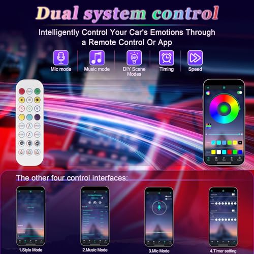 iFunyLED Smart Car Interior LED Lights with App Control, RGB Lights with DIY Mode and Music Mode, 2 Lines Design and Wireless Remote Control, Car Accessories for Women