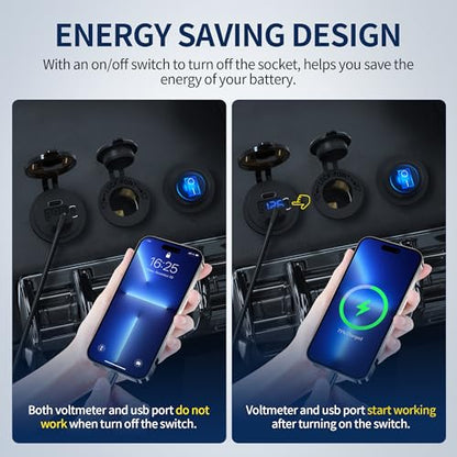DaierTek 12V USB C Car Charger Socket 3-Pack - 48W PD & QC 3.0 Fast Charging Dual USB Outlet with Voltmeter & ON/Off Switch, Waterproof 12V Charging Port for Car, Marine, Boat, Golf Cart