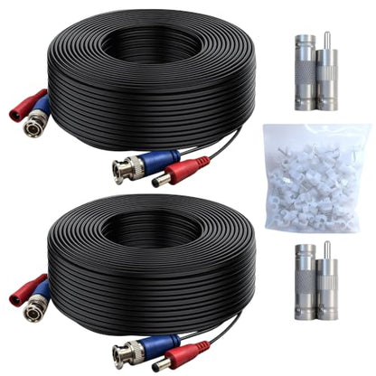 2 Pack 33ft (10M) BNC Video Cable Wire, 4mm Thickened Security Camera Extension Cable, All-in-One Siamese CCTV Power Cable for DVR, Includes 4 BNC Connectors & 100 Cable Clips - size: 33ft