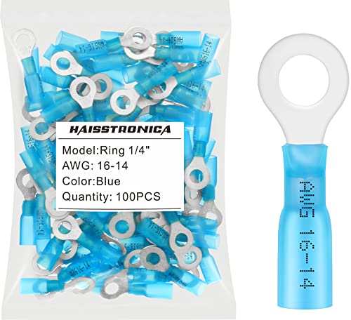 haisstronica 100PCS Heat Shrink Ring Terminals, 16-14 AWG, 1/4 in, Blue - color: Blue, size: Ring 1/4"