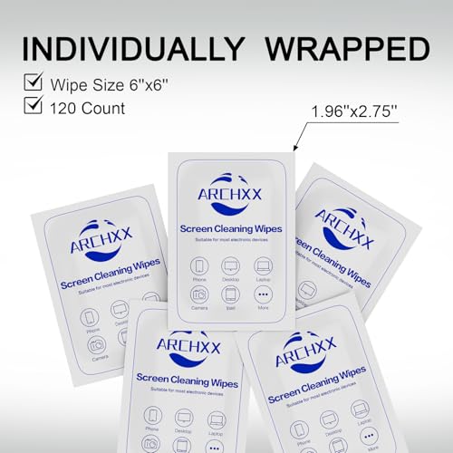 ARCHXX Screen Wipes for Electronics, 120 Count 6"x6" Pre-Moistened Screen Cleaner for Screens, Computer,Laptop,Tablet,Phone,Monitor,Car Screen Cleaner, Lens Wipes Individually Wrapped (Pack of 3) - size: 1 Count (Pack of 360)