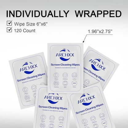ARCHXX Screen Wipes for Electronics, 120 Count 6"x6" Pre-Moistened Screen Cleaner for Screens, Computer,Laptop,Tablet,Phone,Monitor,Car Screen Cleaner, Lens Wipes Individually Wrapped (Pack of 3) - size: 1 Count (Pack of 360)