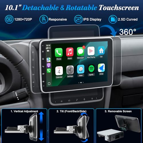 [2G+64G] 10.1" Single Din Bluetooth Car Radio Stereo with Wireless Apple Carplay Android Auto, Rotatable Touchscreen Car Audio Receivers Head Unit with Backup Camera, Mirror Link/SWC/AM/FM, Android 14