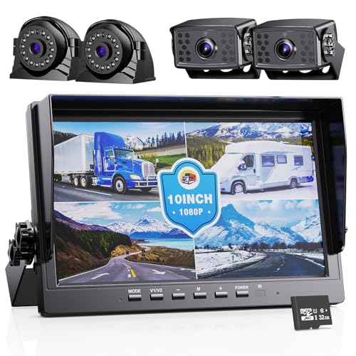 eRapta HD 1080p Backup Camera System Kit,10-inch Reversing Monitor with Quad Split Recording IP69 Waterproof, Rear View Side View Cameras, Backup Camera for RV Truck/Trailer/Tractor/Box/Camper AYX104 - color: Glossy Black
