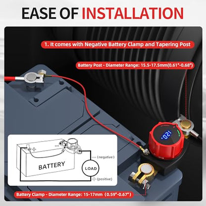 Joinfworld Top Post Battery Disconnect Switch 12V-48V with Led Voltmeter, DC 5-60V Battery Kill Switch Negative On/Off Battery Cut Off Switch for Marine, Cars, Vehicles, RVs and Boats - color: 300A On-Off Top Post with Voltmeter