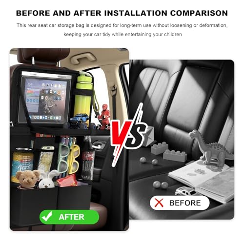2 PCS Car Backseat Organizer with Tray, Waterproof Back Seat Protector with Touch Screen Tablet Holder, 11 Storage Pockets Anti-Scratch Kick Mat Universal for Family Road Trips