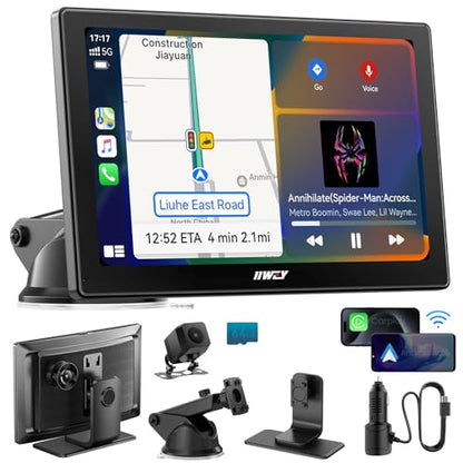 IK5 9" Wireless Apple CarPlay & Android Auto Screen, Portable Car Stereo with 4K Dash Cam & 1080p Backup Camera, Add CarPlay to Any Vehicle, Touchscreen, Mirror Link