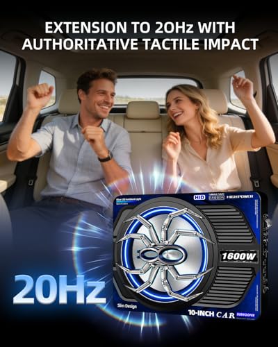 1600W Slim Underseat Car Subwoofer and Amp Package, Powered Subwoofer Car Audio with Built-in Class D Amplifier, Subsonic Deep Bass, Cast Aluminum, LED Ambient Light Switch,for Truck SUV Car