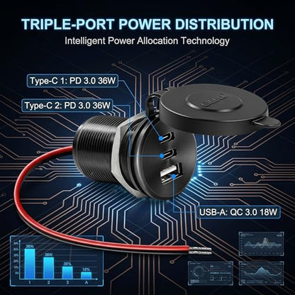 4PCS Aluminum Alloy 12V/24V RV USB Outlet 90W 3 Ports Recessed Mount - color: Deep Black, size: 4P