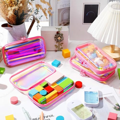 Hoolerry 4 Pcs Hard Clear Zipper Case,Clear,7.5 X 3.9 X 2 In,Pink Laser - color: Pink Laser, size: 7.5 x 3.9 x 2 in