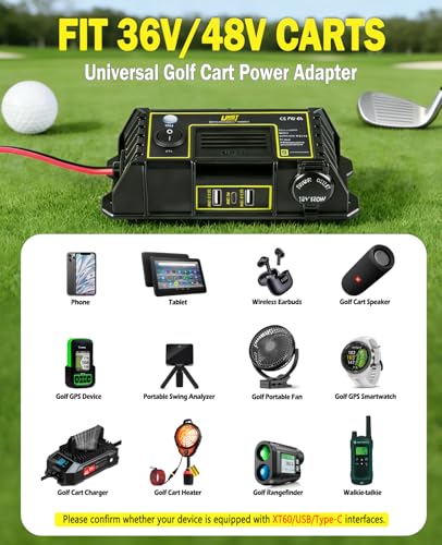 UNIGT Golf Cart USB Charging Port, 12V Cigarette Lighter Adapter & QC 3.0 USB Phone Charger & 2 XT60 Port, Safe Charging Easy Installation, Multi Plug Outlet for Club Car/Yamaha/EZGO