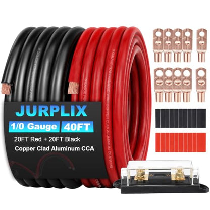 1/0 Gauge Wire 1/0 Battery Cable (20FT Red+20FT Black), Copper Clad Aluminum CCA Amp Wiring Kit with 250A ANL Fuse Holder, Lugs Terminal Connector & Heat Shrink Tube for Car Audio Speaker, Marine - color: 40FT Wire+250A Fuse Holder