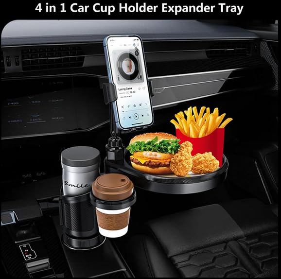 4-in-1 Car Cup Holder Expander with 360° Swivel Tray, Universal Adjustable Base for Large Mugs and Bottles, Integrated Smartphone Mount for Food and Snacks, Black