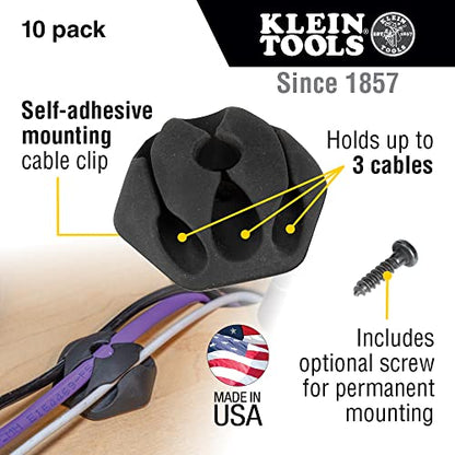 Klein Tools 450-410 Cable Clips, Made in USA, Self-Adhesive 3-Slot Cable, Cord Management Mounting Clips, Optional Screw for Permanent Mounting, 10-Pack - style: 3-Slot Clips