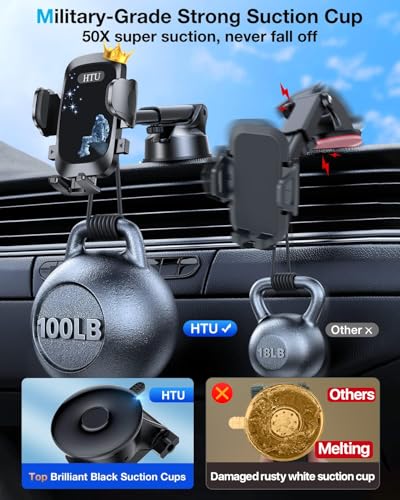 HTU Car Phone Holder【2026 Upgraded 100+LBS Suction & Safety Cert】 Cell Phone Car Mount for Truck Heavy Duty Phone Holder for Dashboard/Windshield/Vent for iPhone 17 16 Pro Max, Navy Blue - color: Navy Blue