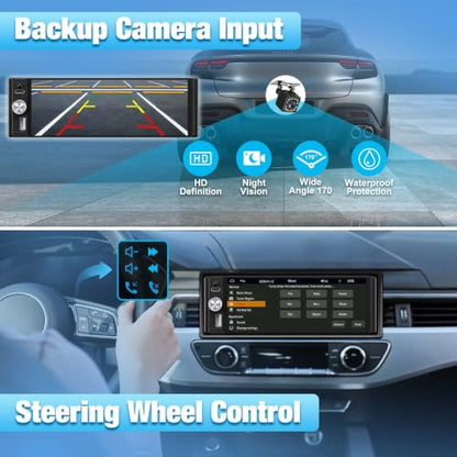 Single Din Radio Car Stereo with CarPlay & Android Auto, 6.28 Inch HD Touch CarPlay Screen, Backup Cam,Bluetooth, MP5,USB Type-C, SWC, EQ, FM Radio with External Mic