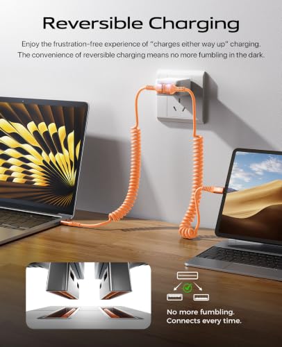90 Degree Coiled USB A to USB C Cable, 3FT&6FT USB C Cable 3A Fast Charging - color: Orange, size: 3FT+6FT