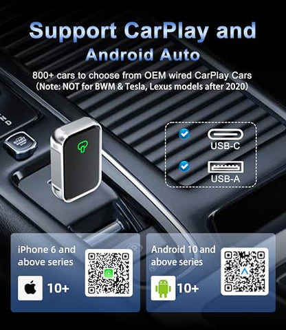 Wireless CarPlay Adapter for Apple iPhone & Android Auto - 2-in-1 Fast & Stable Mini CarPlay Adapter Convert Wired to Wireless, Plug & Play, Auto-Connect, No Delay, BT 5.4, 2.4G/5G WiFi - color: Silver