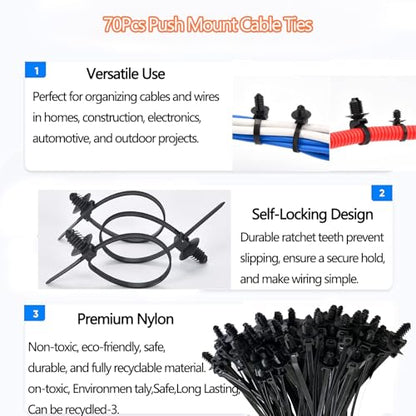 70Pcs Cable Ties Push Mount Nylon Zipper Clips Zip Ties Heavy Duty Plastic Push in Zipties for Car 7 Most Popular Sizes Self Locking Zip Tie Clips - color: Ct-70pcs