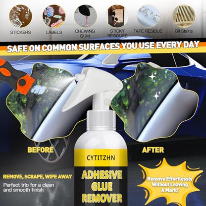 Adhesive Remover - Powerful Sticker & Glue Remover Spray for Cars, Removes Labels, Stickers, Decals, Tape Residue from Car Glass, Paint & Windows with Scraper, Razor Blades, and Towel - 3.4oz/100ml