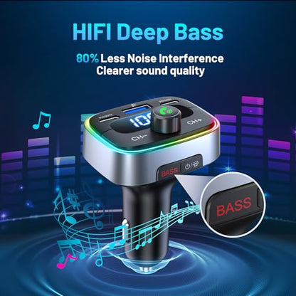 Bluetooth 5.4 Car Adapter 60W Charging USB Bluetooth Adapter for Car,Wireless Fm Transmitter Radio,Handsfree Calling and Audio Receiver,HiFi Music Player,7 Colors LED Backlit - color: Colorful-60W