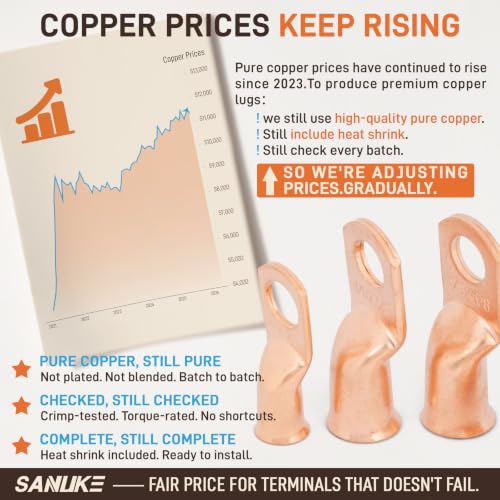 Sanuke 6pcs 8 AWG-5/16 Battery Cable Lugs, Copper Wire Ring Terminals - color: Bare Copper, size: 8 Awg - 5/16" (M8)